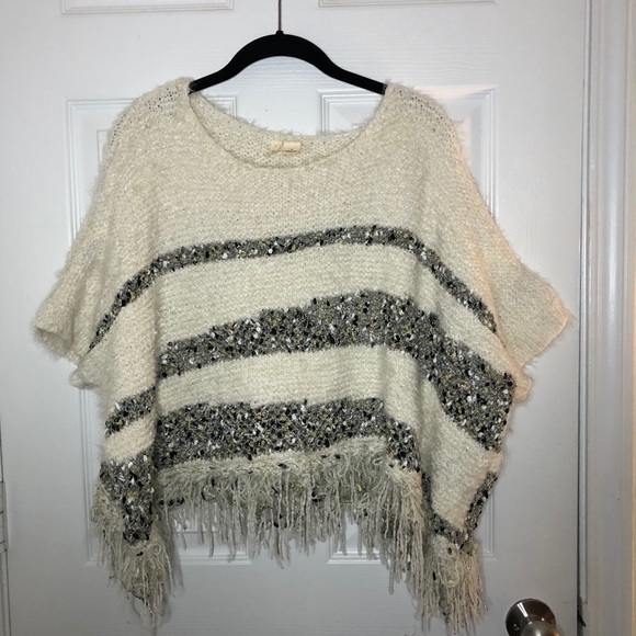 Anthropologie MOTH Knit Chunky Striped Fringe Crewneck Sweater Poncho Medium - Picture 1 of 7